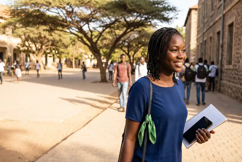 Une étudiante sénégalaise sourit sur un campus de Dakar, son téléphone et son cahier à la main