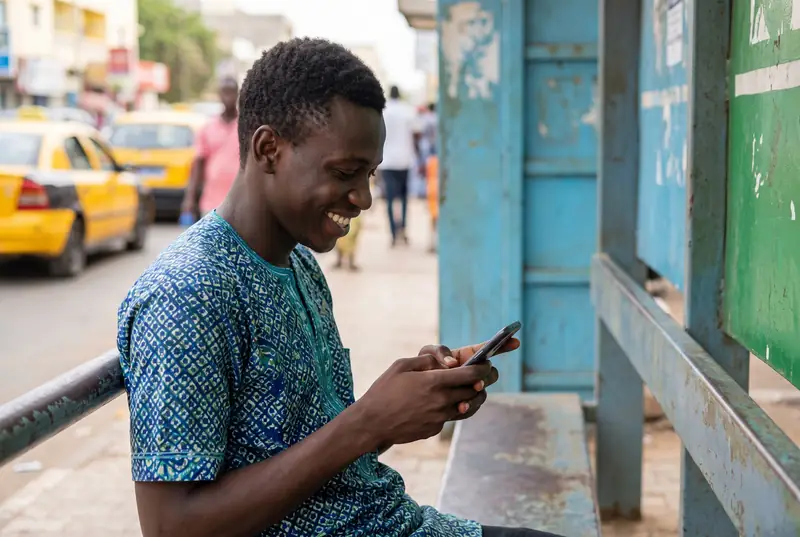 Un jeune homme sourit en consultant son téléphone à un arrêt de bus de Dakar