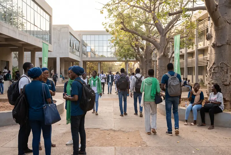 Des étudiants se croisent dans la cour d’un campus de Dakar