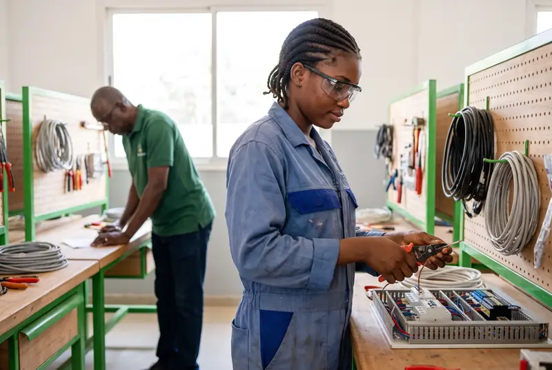Une apprentie électricienne câble une armoire électrique dans un centre de formation