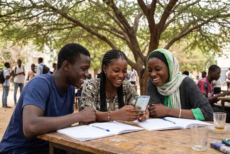 Trois étudiants rient en regardant ensemble un téléphone, sous un arbre du campus